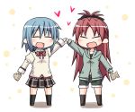  blue_hair bow casual collarbone fang food hair_bow hand_holding heart holding_hands long_hair mahou_shoujo_madoka_magica miki_sayaka multiple_girls nekotoufu ponytail red_hair redhead sakura_kyouko school_uniform short_hair shorts skirt taiyaki wagashi 