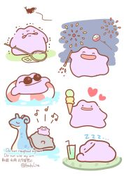  ^_^ asakoline bug butterfly_net closed_eyes commentary_request cup ditto drinking_straw electrode_(pokemon) fireworks food hand_net heart highres holding holding_fireworks ice_cream ice_cream_cone innertube lapras lying multiple_views musical_note no_humans open_mouth pokemon pokemon_(creature) pokemon_focus simple_background sleeping solid_circle_eyes sparkler sunglasses swim_ring trembling twitter_username u_u water zzz 