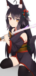  1girl absurdres ahoge animal_ear_fluff animal_ears bare_shoulders black_hair black_kimono black_sleeves black_thighhighs commentary_request detached_sleeves hair_between_eyes heterochromia highres holding holding_sword holding_weapon japanese_clothes katana kimono long_hair long_sleeves multicolored_hair nyaha obi one_side_up orange_eyes original red_eyes sash shadow simple_background sleeveless sleeveless_kimono solo streaked_hair sword tail thigh-highs very_long_hair weapon white_background wide_sleeves 