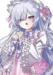  1girl artist_name bow bowtie commentary_request dress frilled_dress frilled_hairband frilled_sleeves frills hair_bow hair_over_one_eye hairband highres holding holding_microphone holding_microphone_stand karaoke_manekineko lolita_fashion lolita_hairband long_hair long_sleeves looking_at_viewer mahou_shoujo_no_majo_saiban microphone microphone_stand natsume_an-an official_alternate_costume pink-tinted_eyewear pink_bow shuuka_(po_n819) signature simple_background singing sleeves_past_wrists solo sweet_lolita tinted_eyewear very_long_hair violet_eyes white_background white_hair white_hairband 