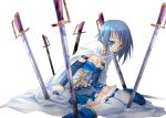  blue_eyes blue_hair cape gloves hina2002to magical_girl mahou_shoujo_madoka_magica miki_sayaka sitting solo sword thigh-highs thighhighs wariza weapon white_gloves white_legwear white_thighhighs 