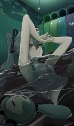 1girl absurdres aqua_eyes aqua_hair aqua_nails backrooms_(creepypasta) commentary dleung english_commentary expressionless floating hatsune_miku highres long_hair nail_polish number_tattoo partially_submerged shirt shoulder_tattoo sleeveless sleeveless_shirt stuffed_toy tattoo tile_wall tiles twintails vocaloid water water_slide 