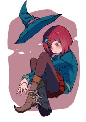  1girl absurdres black_jacket brown_pantyhose commentary_request danganronpa_(series) danganronpa_v3:_killing_harmony hair_ornament hat hat_belt highres jacket long_sleeves pantyhose pleated_skirt red_eyes red_hair red_skirt shirt short_hair skirt witch_hat youko-shima yumeno_himiko 