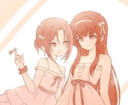  2girls alternate_hairstyle assault_lily bare_arms bare_shoulders blush bow breasts brown_theme closed_mouth collarbone commentary dress frilled_wrist_cuffs frills grin hair_bow hairband halter_dress halterneck hand_up heterochromia inoguchi_minto jewelry kagawa_makina leaning_forward light_particles long_hair looking_at_viewer medium_breasts monochrome morimoto_yuni multiple_girls parted_bangs parted_lips ponytail ring short_hair short_ponytail sidelocks sleeveless sleeveless_dress smile standing two-tone_background upper_body very_long_hair white_background wrist_cuffs 