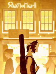  1girl 3boys aged_down black_nails collar commentary from_side guitar_case highres holding_strap instrument_case molymes multicolored_hair multiple_boys nail_polish neon_lights piers_(pokemon) pokemon pokemon_sword_and_shield shirt short_hair sleeveless sleeveless_shirt two-tone_hair window 
