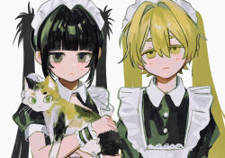  2girls :< :3 animal apron black_hair blonde_hair blunt_bangs buttons calico_(pattern) calico_cat cat closed_mouth commentary_request dot_nose green_eyes hair_intakes highres holding holding_animal holding_cat iwonu long_hair looking_at_viewer maid maid_headdress multiple_girls original short_sleeves simple_background thick_eyebrows twintails upper_body white_apron white_background wrist_cuffs yellow_eyes 