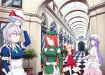  age_regression alternate_hairstyle arch architecture ayasaka bad_id blonde_hair blue_eyes checkered checkered_floor dress flandre_scarlet hair_up hat hong_meiling izayoi_sakuya looking_at_viewer maid maid_headdress mini_top_hat patchouli_knowledge person_on_head purple_eyes purple_hair red_hair remilia_scarlet silver_hair tile_floor tiles top_hat touhou waving 