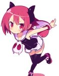 1girl :&lt; bat_wings bent_over black_legwear blush demon_girl disgaea highres horns kimoko knees_together_feet_apart makai_senki_disgaea_3 outstretched_arms pleated_skirt pointy_ears raspberyl red_eyes redhead short_hair simple_background skirt skull solo spread_arms standing_on_one_leg tail thigh-highs white_background wings wrist_cuffs 