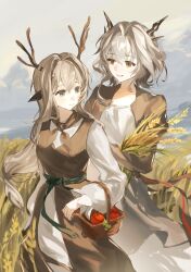  2girls absurdres alina_(arknights) animal_ears antlers apple arknights basket black_horns brown_dress chazz_(chazz1220) closed_mouth cowboy_shot day deer_antlers deer_ears deer_girl dragon_girl dragon_horns dress food fruit grey_hair hair_intakes highres holding holding_basket horns long_hair long_sleeves looking_at_another looking_back multiple_girls open_mouth outdoors sky smile talulah_(arknights) talulah_(chapter_16)_(arknights) wheat wheat_field white_dress 