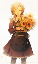  1girl absurdres apron apron_pocket black_apron black_dress brown_dress closed_eyes dress flower frilled_apron frills green_hair highres juliet_sleeves long_sleeves marina_kaplan open_mouth puffy_sleeves school_uniform smile soviet_school_uniform sunflower white_background yellow_flower z.a.t.o._//_i_love_the_world_and_everything_in_it 