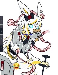  1girl belt black_belt blue_sclera boots closed_mouth colored_sclera commentary_request cowboy_shot espurr faust_(project_moon) furrification furry gauntlets highres holding holding_pokemon limbus_company looking_at_viewer n_corp._fanatic_(identity)_(project_moon) ohzv pokemon pokemon_(creature) project_moon shirt short_hair simple_background sinclair_(project_moon) smile solo sylveon thigh_boots white_background white_hair white_shirt yellow_belt 