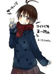  ayase08 blush coat fingerless_gloves gloves grin idolmaster kikuchi_makoto pun2 scarf short_hair skirt smile v 