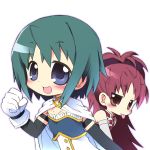  blue_eyes bow cape clenched_hand fist hair_bow kanibasami long_hair mahou_shoujo_madoka_magica miki_sayaka multiple_girls ponytail red_eyes red_hair redhead sakura_kyouko short_hair tongue 