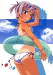  :d absurdres ass back bikini blue_eyes blush bracelet copyright_request crab erect_nipples grey_hair grin highres innertube jewelry kuuchuu_yousai looking_back open_mouth purple_hair short_hair side-tie_bikini side_ponytail smile solo source_request sunglasses swimsuit tan tanline 
