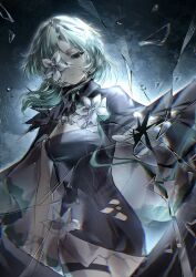  1girl arcaea asymmetrical_legwear black_cape black_dress broken_glass cape commentary cowboy_shot dress flower flower_on_face flower_over_eye glass glass_shards gloves green_eyes green_hair hair_ornament highres looking_at_viewer off-shoulder_dress off_shoulder saya_(arcaea) saya_(awakened)_(arcaea) short_hair sleeveless sleeveless_dress solo tslhn_e white_flower white_gloves 