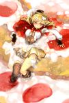  beret blonde_hair cake drill_hair fingerless_gloves food gh_(ront) gloves hat in_food loose_thighhigh mahou_shoujo_madoka_magica minigirl puffy_sleeves short_hair smirk solo thigh-highs thighhighs tomoe_mami weapon yellow_eyes 