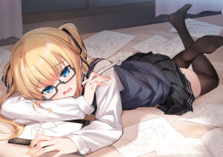  1girl bed_sheet bison_cangshu black-framed_eyewear black_ribbon black_skirt blonde_hair blue_eyes blush brown_thighhighs commentary_request crossed_legs drawing_(object) drawing_tablet glasses hair_ribbon highres holding holding_stylus long_hair long_sleeves lying no_shoes on_stomach open_mouth pleated_skirt puffy_long_sleeves puffy_sleeves ribbon saenai_heroine_no_sodatekata sawamura_spencer_eriri school_uniform semi-rimless_eyewear shirt sketch skirt soles solo stylus sweater_vest thigh-highs twintails under-rim_eyewear wavy_mouth white_shirt 