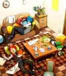  3boys bartender blue_hair bowtie chair clock corn_(pokemon) couch dent_(pokemon) green_hair gym_leader hair_over_one_eye hair_over_one_eyes hangover holding kurocchirokko living_room male multiple_boys panpour pansage pansear pillow plant pod_(pokemon) pokemon pokemon_(creature) pokemon_(game) pokemon_black_and_white pokemon_bw potted_plant red_hair redhead saliva short_hair sleeping tea_set waiter 