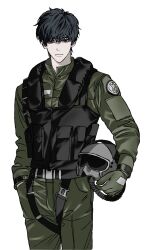  1boy black_eyes black_hair choi_jongsu commentary_request flight_suit garbage_time gloves hand_in_pocket helmet highres holding holding_unworn_helmet jsnardobicaprio korean_commentary lower_eyelashes_only male_focus messy_hair military_uniform patch pilot_helmet simple_background solo unworn_headwear unworn_helmet white_background 