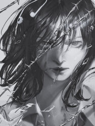  1girl absurdres barbed_wire collared_jacket commentary doloyume earphones earphones english_commentary glass_shards greyscale hair_between_eyes highres jacket lips looking_at_viewer medium_hair monochrome mouth_hold nose original portrait smoking solo 