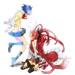  black_legwear black_thighhighs blue_eyes blue_hair blush boots grin kneeling long_hair looking_down looking_up mahou_shoujo_madoka_magica miki_sayaka multiple_girls polearm ponytail red_eyes red_hair redhead sakura_kyouko school_uniform short_hair simple_background smile spear thigh-highs thighhighs weapon yumi_yuki 