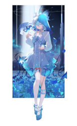  1girl absurdres alternate_costume asymmetrical_legwear blue_bow blue_butterfly blue_dress blue_eyes blue_hair blue_shoes blue_veil bow bug butterfly butterfly_on_hand closed_mouth commentary_request dress full_body hair_between_eyes hand_up highres long_hair partial_commentary shoes shorekeeper_(wuthering_waves) solo standing sukaliya twitter_username two-tone_veil uneven_legwear veil white_veil wuthering_waves 