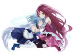  alternate_hairstyle bad_id bare_shoulders blue_hair chidori_(@rom) closed_eyes eyes_closed hug long_hair magical_girl mahou_shoujo_madoka_magica miki_sayaka multiple_girls red_eyes red_hair redhead sakura_kyouko short_hair tears thighhighs 