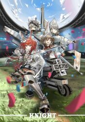  5girls animal_ears arena arknights arm_cannon armor armored_boots arrow_(projectile) ashlock_(arknights) bird_girl boots breasts brown_eyes brown_hair clouds cloudy_sky commentary_request earpiece fartooth_(arknights) feather_hair field flametail_(arknights) group_picture helmet highres horse_ears horse_girl justice_knight_(arknights) kanshio knight lance large_breasts multiple_girls open_mouth polearm red_hair roboy shield sky smile squirrel_ears squirrel_girl squirrel_tail sword tail thighs weapon wild_mane_(arknights) yellow_eyes 