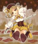  beret blonde_hair detached_sleeves drill_hair fingerless_gloves gloves gun hand_on_ear hat head_tilt magical_girl magical_musket mahou_shoujo_madoka_magica maki_(natoriumu) open_mouth puffy_sleeves rifle short_hair smile solo thigh-highs thighhighs tomoe_mami twintails weapon yellow_eyes 