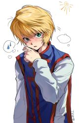  1boy androgynous blonde_hair blue_tabard clerical_collar commentary_request green_eyes highres hunter_x_hunter kurapika layered_clothes long_sleeves looking_at_viewer male_focus open_mouth solo spoken_sweatdrop sweat sweatdrop tabard white_background xyynwlwsbc 
