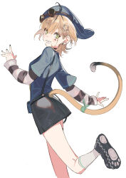  1girl :d absurdres ahoge black_nails black_shoes black_shorts black_sleeves black_streaks blonde_hair blue_hat blue_shirt dooby earrings facial_tattoo foot_out_of_frame foot_up_heel_up from_behind green_eyes grin hair_behind_ear hair_ornament hand_up hat highres indie_virtual_youtuber jerboa_tail jewelry layered_sleeves long_sleeves looking_at_viewer looking_back mouse_tail multicolored_hair nail_polish pako_(pakosun) paw_shoes shirt shoes short_hair short_over_long_sleeves short_sleeves shorts simple_background smile socks solo star_(symbol) star_hair_ornament streaked_hair striped_hat striped_sleeves suspender_shorts suspenders tail tattoo thick_eyebrows thigh_strap two-tone_hair virtual_youtuber white_background white_sleeves white_socks 