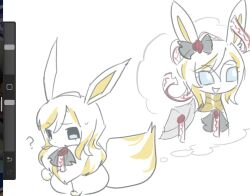  ? animalization ascot black_ascot black_bow bow chinese_commentary commentary_request eevee faust_(project_moon) hair_bow highres limbus_company n_corp._fanatic_(identity)_(project_moon) ohzv open_mouth pokemon pokemon_(creature) project_moon purity_seal simple_background smile sweat sylveon wax_seal white_background 