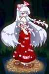  annoyed bad_id bow fujiwara_no_mokou hair_bow hands_in_pockets highres jimyu long_hair pants red_eyes solo standing suspenders touhou turning very_long_hair white_hair 