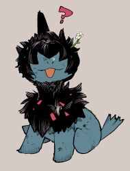  ? commentary_request deino_(pokemon) dirty facing_viewer flower grey_background hair_over_eyes highres newo_(shinra-p) no_humans pokemon pokemon_(creature) pokemon_focus simple_background sitting tongue tongue_out white_flower 