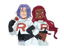 1boy 1girl alternate_skin_color black_gloves blue_hair commentary dark-skinned_female dark_skin darkened_skin dreadlocks earrings east_asian elbow_gloves english_commentary eyeshadow flower gloves green_eyes grin hand_on_own_hip highres holding holding_flower jacket james_(pokemon) jessie_(pokemon) jewelry kiana_mai light_blush lipstick locked_arms long_hair looking_at_viewer makeup open_mouth pokemon pokemon_(anime) pokemon_(classic_anime) red_flower red_hair red_lips red_rose rose short_hair single_letter smile sphere_earrings team_rocket team_rocket_uniform very_dark_skin white_jacket 