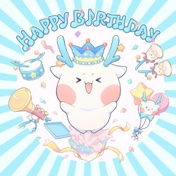  >_< :3 ;3 absurdres antlers bell birthday blush character_balloon commentary_request confetti crown drum happy_birthday haru_(haruxxe) highres horns hoshiika_(iriam) instrument iriam musical_note no_humans one_eye_closed open_mouth second-party_source star_(symbol) star_balloon streamers trumpet 