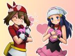  ^_^ bandana beanie blue_eyes blue_hair blush bracelet brown_hair closed_eyes dawn gloves hair_ornament haruka_(pokemon) hat heart hearts hikari_(pokemon) jewelry may multiple_girls pokemon pokemon_(anime) poketch scarf skirt smile tsumitani_daisuke valentine watch wristwatch 