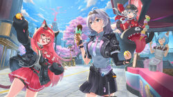 4girls absurdres black-framed_eyewear black_gloves black_jacket black_necktie blue_eyes closed_mouth collared_shirt cropped_jacket elbow_gloves female_esper_zero_(nte) fingerless_gloves glasses gloves grey_eyes grey_hair highres holding holding_ice_cream_cone horns ice_cream_cone jacket lslee multiple_girls nanally_(nte) necktie neverness_to_everness open_mouth purple_necktie red_eyes red_hair sakiri_(nte) shirt short_hair short_hair_with_long_locks single_horn violet_eyes white_shirt 