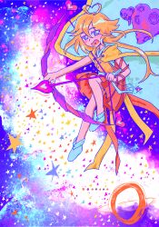  1other antenna_hair arm_ribbon armor arrow_(projectile) bare_legs blonde_hair bow_(weapon) breastplate buttons cape collared_socks colorful drawing_bow eyes_visible_through_hair floating floating_hair full_body hair_between_eyes hakama hakama_short_skirt hakama_skirt heart heart_antenna_hair heart_arrow heart_in_eye heart_in_mouth highres holding holding_arrow holding_bow_(weapon) holding_weapon japanese_clothes kimono len'en long_hair low_twintails merry_765 ooama_no_ake_no_mitori open_mouth planet planetary_ring red_hakama red_kimono red_ribbon ribbon sash short_kimono skirt sleeveless sleeveless_kimono socks solo space star_(symbol) symbol_in_eye twintails very_long_hair waist_sash weapon white_eyes white_sash white_socks yellow_cape 