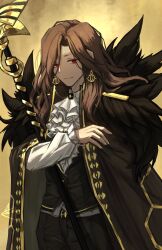  1girl ascot brown_coat brown_hair brown_pants brown_vest coat dark-skinned_female dark_skin dias_(project_moon) earrings english_commentary frilled_ascot frills fur-trimmed_coat fur_trim gold_background gold_earrings gold_trim highres honeycomb_(pattern) jewelry layered_ascot long_hair long_sleeves looking_at_viewer lucxie_233 pants project_moon red_eyes scepter shirt smile solo the_distortion_detective vest white_ascot white_shirt 