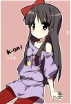  1girl akiyama_mio belt black_eyes black_hair blush bow clothes_writing copyright_name hair_bow k-on! kimoko listen!! long_hair off_shoulder pantyhose red_legwear sitting solo star 