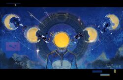  1boy artist_name blue_sky broken_helmet circle commentary english_commentary ferrofluid fishbowl_helmet glass_shards highres jumpsuit letterboxed male_focus moon_phases nanju_(nanju045) night object_head reverse:1999 sky solo sparkle star_(sky) starry_sky ulrich_(reverse:1999) upper_body white_jumpsuit 