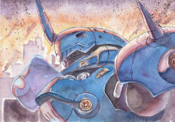  backlighting building burning cityscape commentary_request damaged debris dirty fire gundam gundam_0080 kampfer_(mobile_suit) mecha mecha_focus mobile_suit one-eyed_mecha painting_(medium) portrait robot scan scene_reference science_fiction traditional_media user_rwnh5573 watercolor_(medium) zeon 