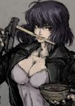  breasts bust chopsticks cleavage fingerless_gloves food ghost_in_the_shell ghost_in_the_shell_stand_alone_complex gloves gun handgun jacket kusanagi_motoko large_breasts lipstick moto_murabito mouth_hold pistol purple_hair ramen red_eyes seburo_m5 short_hair solo traditional_media weapon 