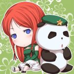  ayasaka bad_id beret blue_eyes blush braid chibi chinese_clothes hat hat_removed headwear_removed hong_meiling long_hair panda red_hair redhead sitting solo star touhou twin_braids 