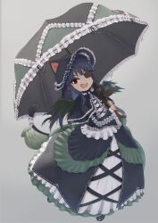  1girl :d absurdres animal_ears animal_hood black_dress black_hair black_shoes black_umbrella black_wings blunt_bangs cat_ears cat_hood cat_tail commentary dress eyepatch fang frilled_sleeves frills full_body gothic_lolita grey_background highres holding holding_umbrella hood izumi_(izumiii_01) lolita_fashion long_hair long_sleeves looking_at_viewer mini_wings mirai_(senran_kagura) mitsudomoe_(shape) open_mouth parasol red_eyes senran_kagura shoes sidelocks smile solo standing tail tomoe_(symbol) umbrella umbrella_gun very_long_hair wings 