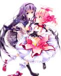  akemi_homura blush bubble_skirt choker gloves hairband hand_on_another's_face hand_on_face hug kaname_madoka long_hair magical_girl mahou_shoujo_madoka_magica multiple_girls pantyhose petals pink_hair puffy_sleeves purple_eyes purple_hair red_eyes runako shoes short_hair short_twintails tears twintails violet_eyes white_gloves 