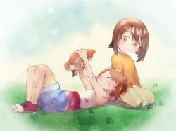 2girls aged_down animal baby_animal blue_shorts blue_sky brown_eyes brown_hair brown_pants closed_eyes closed_mouth clouds cloudy_sky commentary day dirty dirty_clothes dirty_face dog girls_und_panzer grass grin hands_on_another's_head highres holding holding_animal katsuragi_(webmaster909) kneeling lying multiple_girls nishizumi_family_dog nishizumi_maho nishizumi_miho no_socks on_back on_ground orange_shirt outdoors pants puppy red_shoes shiba_inu shirt shoes short_hair shorts siblings sisters sky sleeveless sleeveless_shirt smile white_shirt 