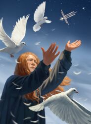  1girl anattmar_re astronaut bird blue_sky brown_hair carrier eva_stratt fire fleet highres imminent_injection long_hair outdoors project_hail_mary rocket rocket_ship sky solo space spacecraft spacecraft_turret star_(sky) starry_sky 