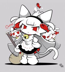  1girl animal_ears apron bayachao bell black_dress blush broom carol_(maimai) cat_ears cat_girl cat_tail chibikemo collar commentary_request dress fish_hair_ornament frown furry furry_female gloves grey_background hair_ornament hand_on_own_hip highres holding holding_broom jingle_bell long_hair looking_at_viewer maid maimai_(game) multiple_views official_artist_extra red_collar red_eyes signature simple_background solo_focus tail v-shaped_eyes white_apron white_gloves white_hair 